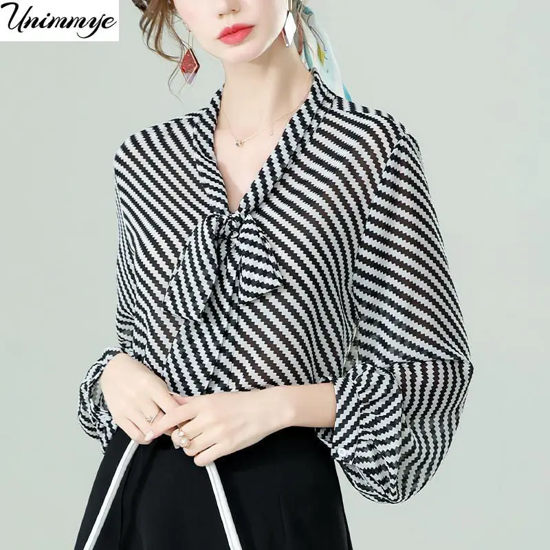 

2023 Spring Elegant Black Stripe Chiffon Loose Shirts New Fashion Bow Tie Blouses Casual Long Sleeve Blusas Woman Clothes J500