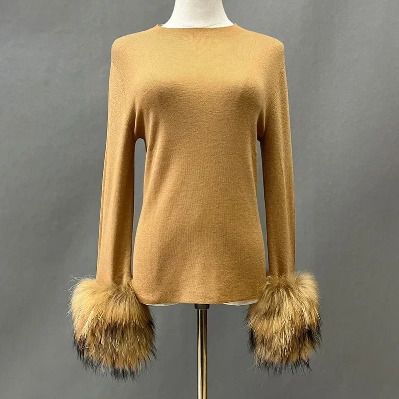 

2023 Lady Winter Warm Sweater High Elastic with Real Raccoon Fur Cuff Women Clothing Detachable Cuff Pullover