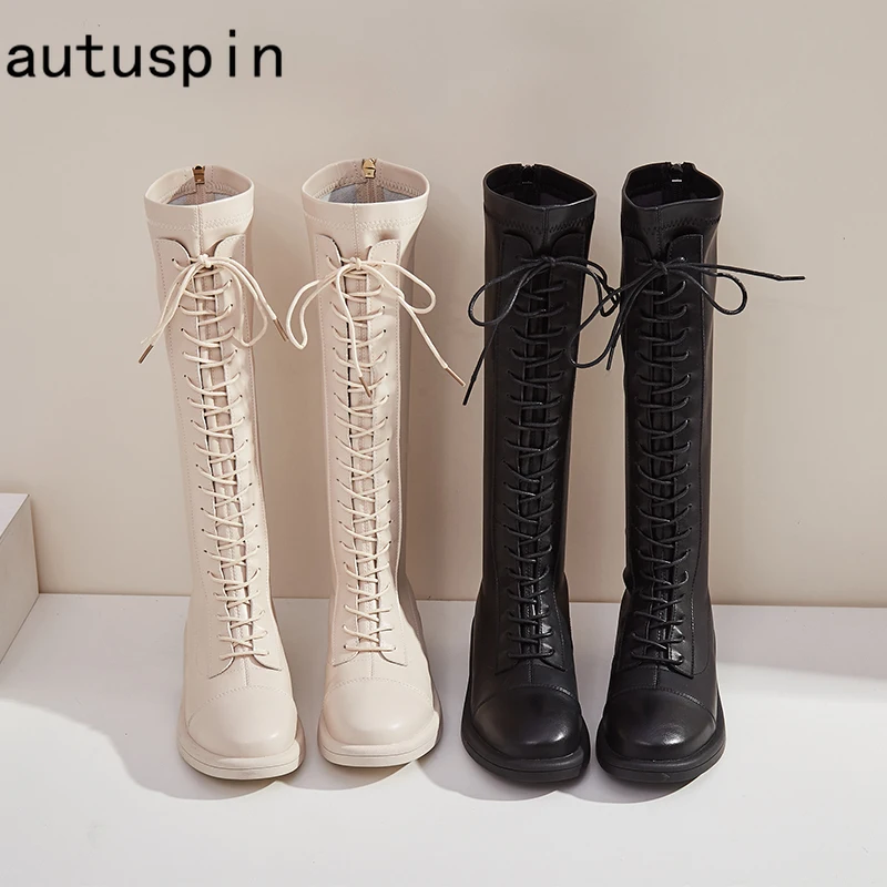 

Autuspin High Knight Boots Female 2022 Newest Spring Fashion Cross Tied Stretch Long Boot Shoes Women Classic Black Chunky Heels