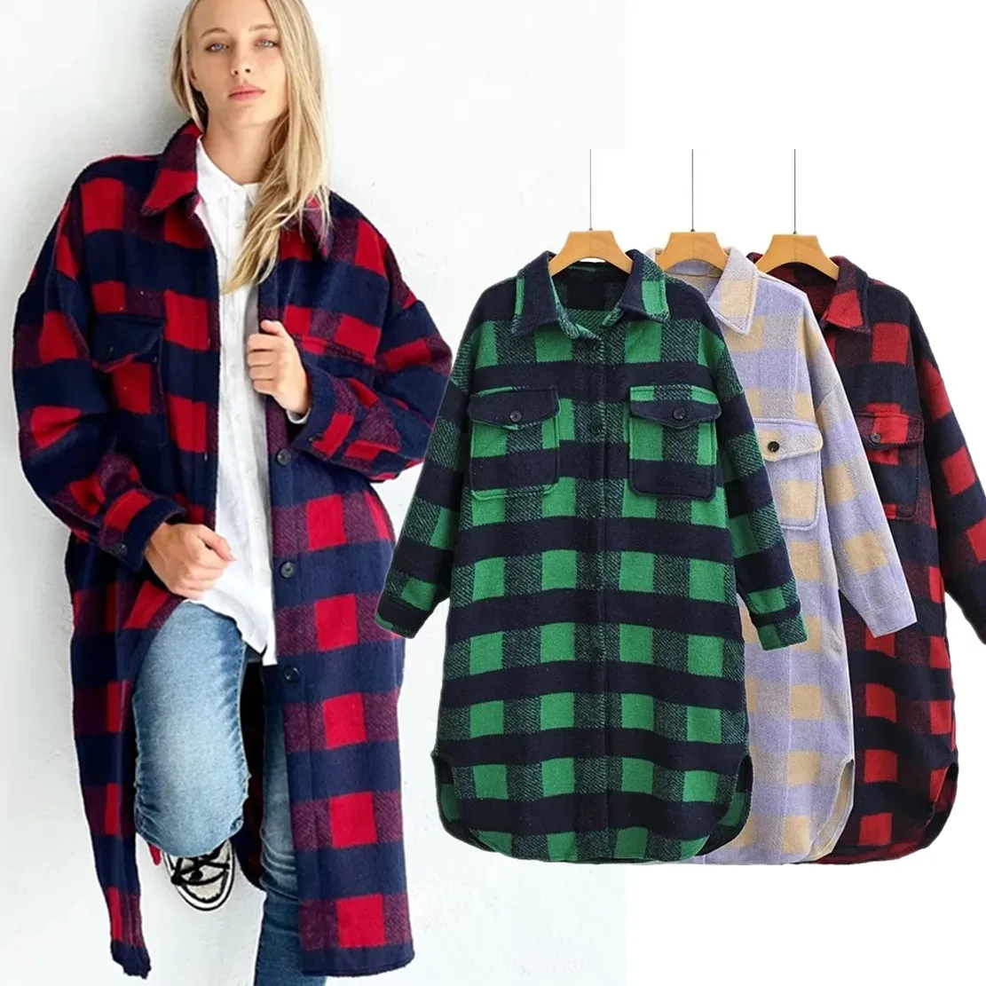 

Maxdutti Boyfriend Woolen Over coat Women Ins Fashion Blogger Retro Plaid Pockets Loose Long Coat