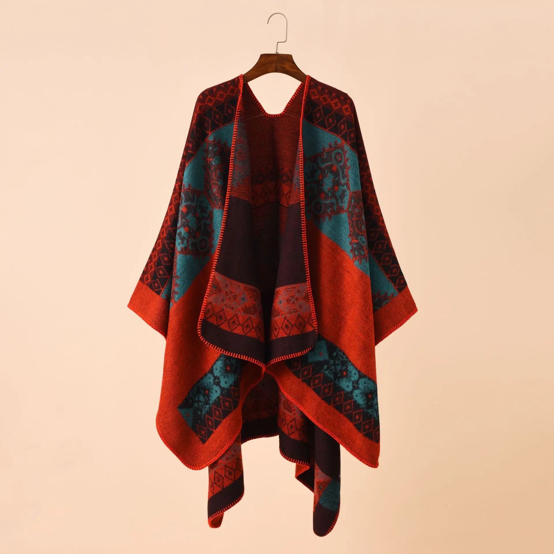 Spring Autumn New European American Color Grid Pattern Travel Warm Imitation Cashmere Shawl Cloak Printed Scarf Red