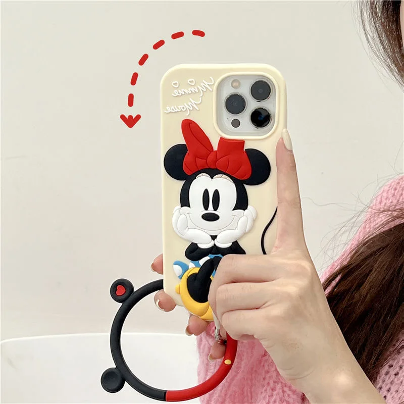 Disney 3D Minnie Mouse Soft Silicone Wristband Phone Cases For iPhone 14 13 12 11 Pro Max Back Cover