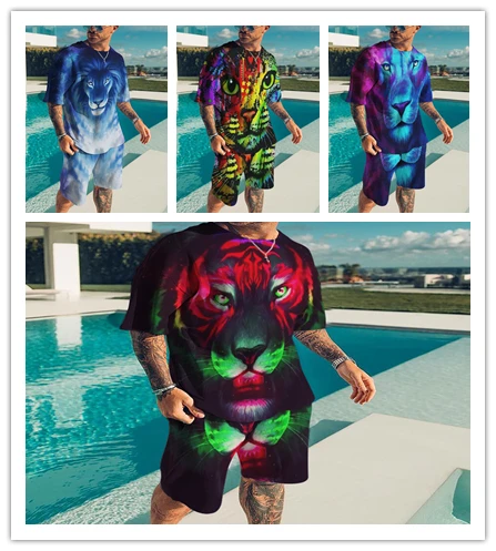 

2022 New Summer Men T Shirts Sets Lion King 3D Printed Casual Shorts Trend Round Neck Short Sleeve Sweatpants Suit Streetwear