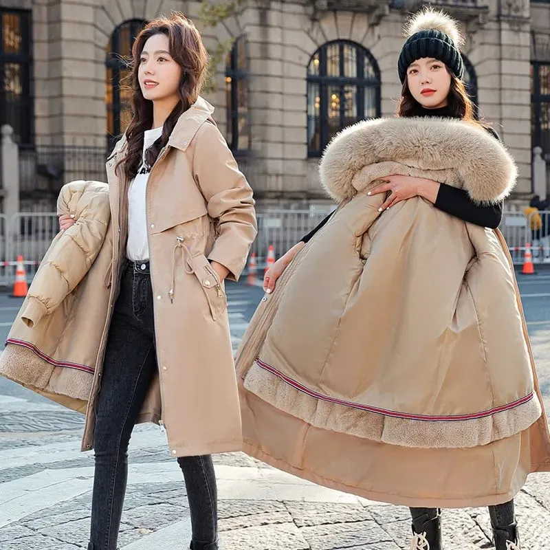 Winter Women's Parka Big Fur Collar Detachable Double Thick Lining Slim Waist 2022 New Jacket Mid long Casual Cotton Padded Coat