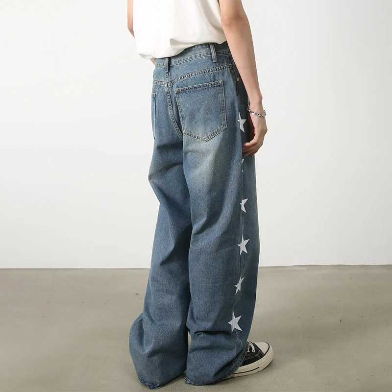 HOUZHOU Y2K Star Jeans Men Distressed Denim Wide Leg Trousers Hip Hip Harajuku Loose Casual Pants with Print Korean Streetwear