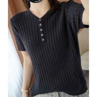 summer womens striped t shirt simple large size v neck pullover casual button ladies blouse tees short sleeve hot sale