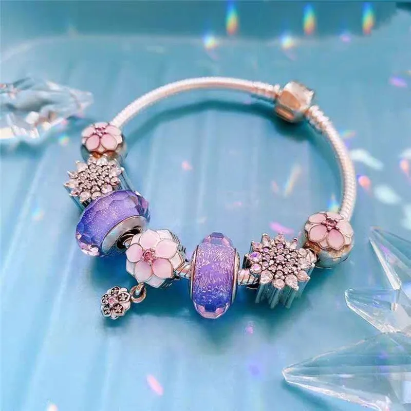 

925 Sterling Silver Fashion Classic Button With Pink Peach Blossom Charm Bracelet Fit Original Pan Charm Female Diy Jewelry