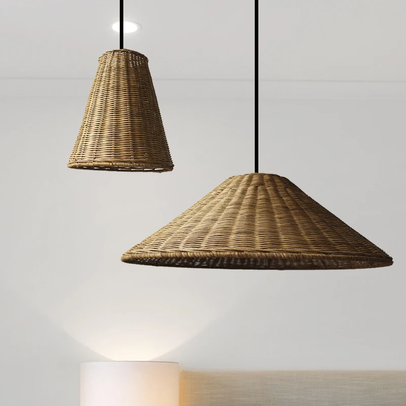 Vintage Brown Beige Rattan Pendant Lights Minimalist Hand Knitted Lamps for Dining Room Restaurant Suspension Luminaire