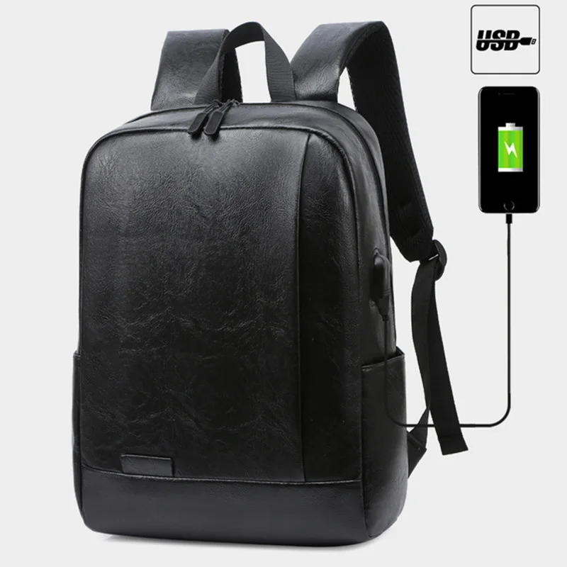 

Business USB Charging Men's Backpack Sports Man School Bag PU Leather Laptop Teenager Waterproof Casual Travel