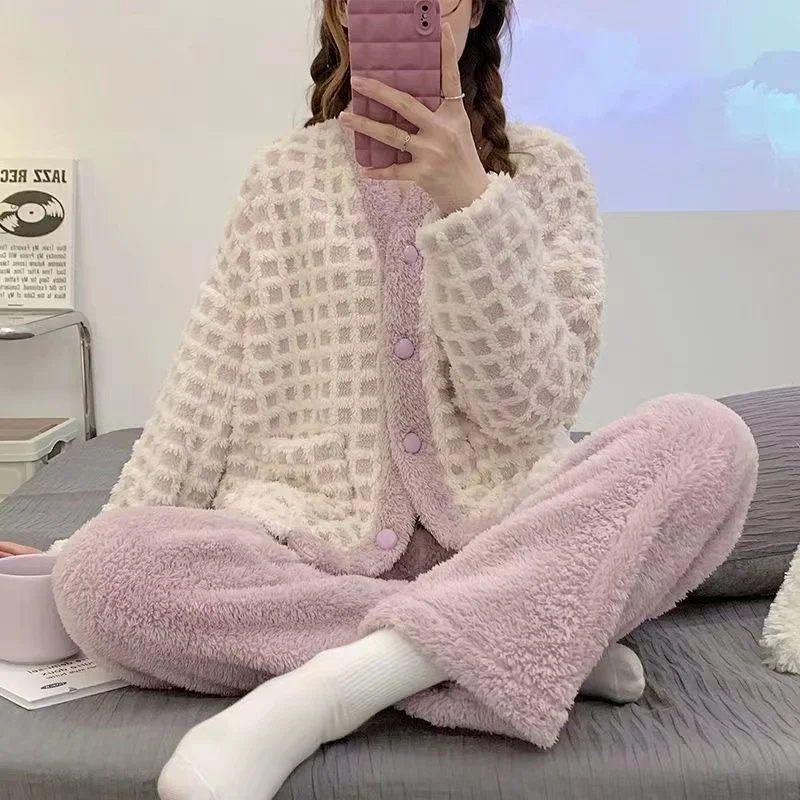

Autumn Winter Pajamas Sets For Women Coral Fleece V-Neck Thick Warm Plaid Sleepwear Flannel Lounge Wear Homewear Nighties