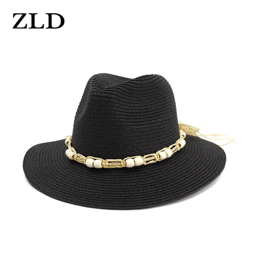 

ZLD Women Straw Panama Hats Summer Outdoor Travel Beach Hats Wide Brim Caps UPF UV Protect Jazz Sun Hat Foldable Fedoras Cap