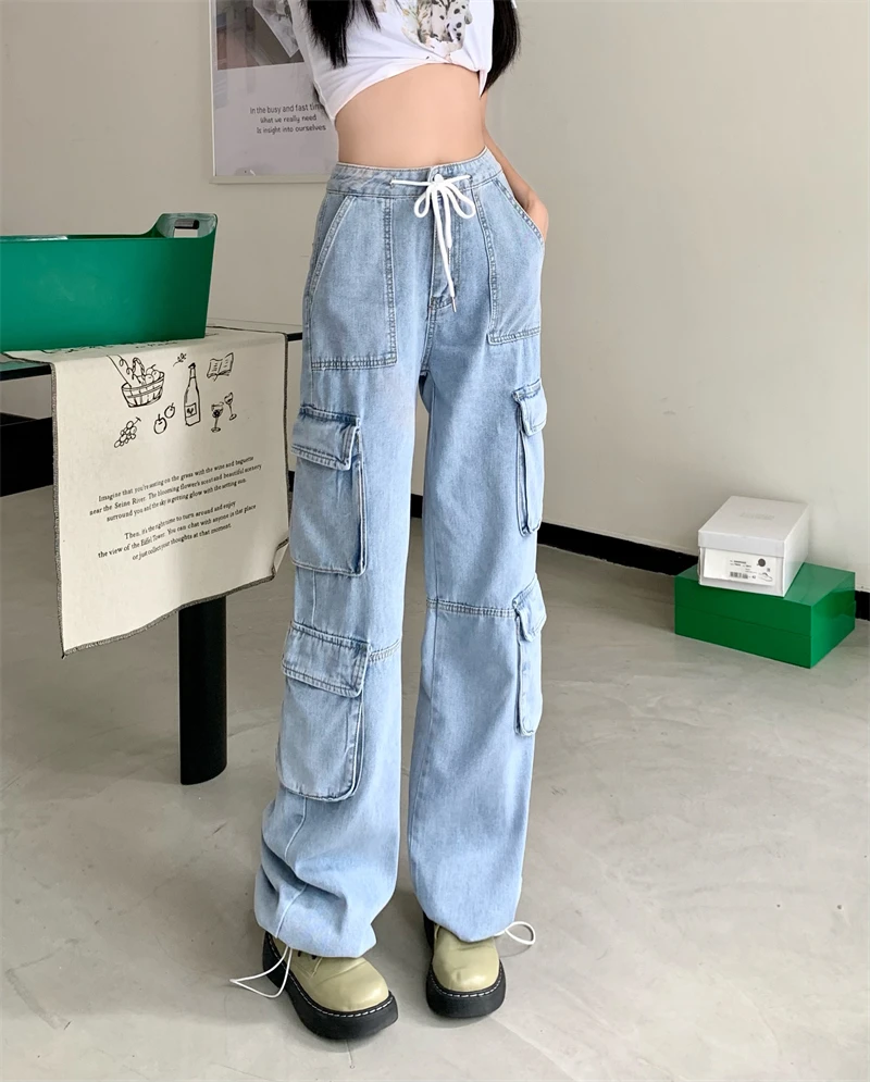 Women Solid Loose Jeans 2022 Fashion Girl Elastic High-Waisted Many Pockets Long Denim Cargo Pants Lace-up Straight Bottoms Y2k