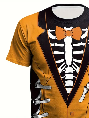 Мужская футболка с 3D принтом скелета на Хэллоуин — повседневная дышащая футболка из полиэстера с круглым вырезом и короткими рукавами для летних вечеринок