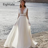 eightale bohemian wedding dress 2022 long sleeve v neck floor length chiffon a line lace back bridal gowns vestido de noiva