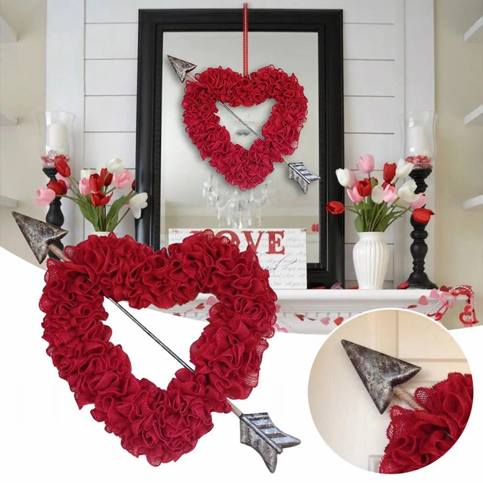 

Большой венок в форме сердца с оборками и подсвеченным окном, подарок на день Святого Валентина, атмосферное украшение, венок с колокольчиками