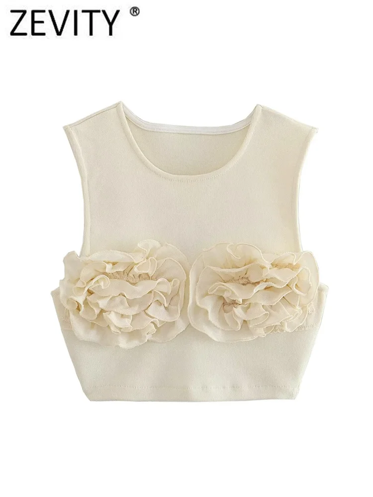 

Femme Summer Vest Slim Shirt Chic Blusas Crop Tops LS4280 Zevity Women Sexy Sleeveless Solid Color Flower Appliques Smock Blouse