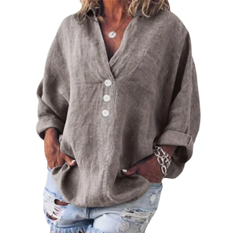 2022 Spring Fall Woman Shirt Casual Long Sleeve Cotton Linen Shirts OL Solid Color Lapel Loose Buttoned Blouse Ladies Tops Blusa