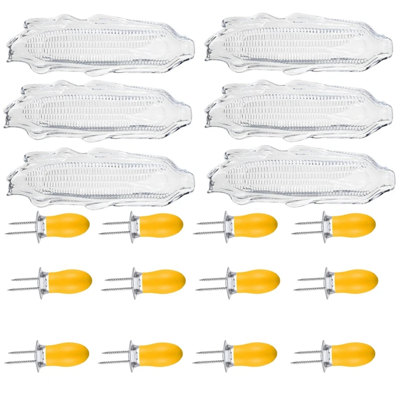 

LJL-6 Pack Corn Trays + 12 Pcs Corn Cob Holders Plastic Corn Dishes Service Tray Transparent Cob Dinnerware For Butter Corn