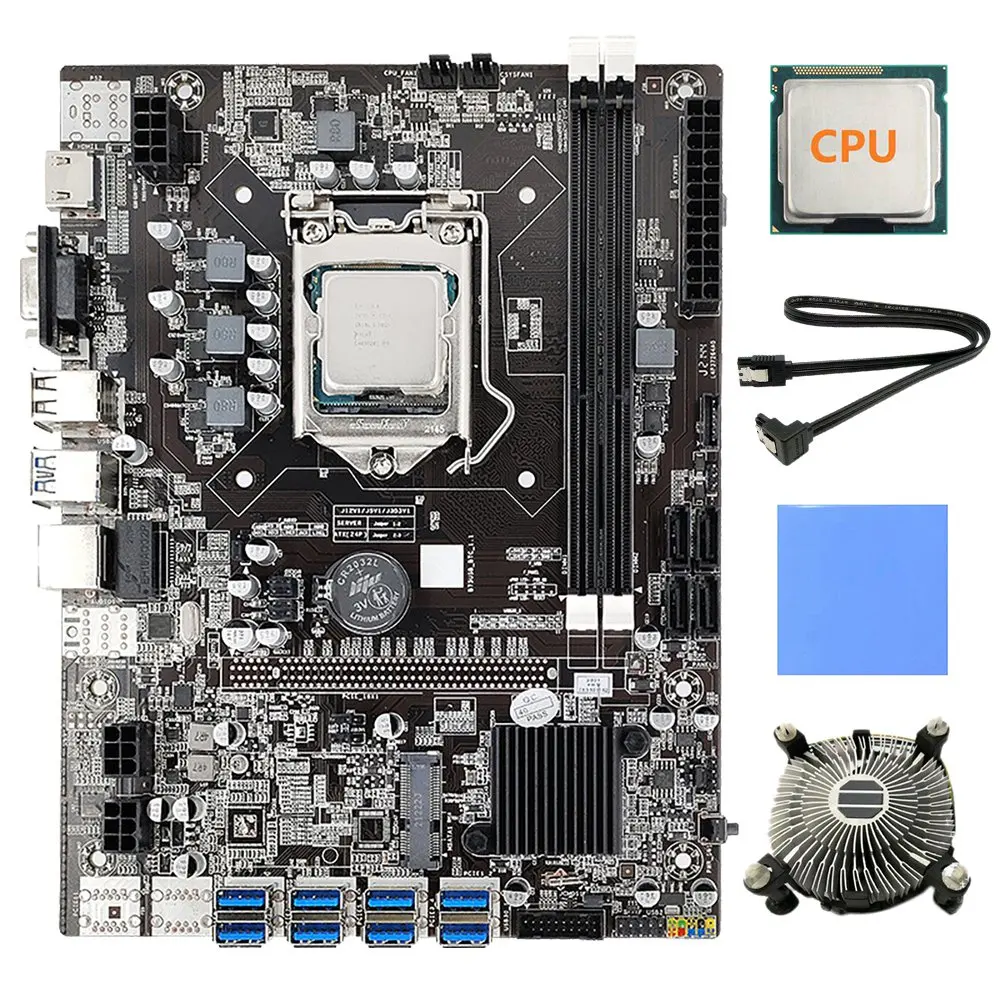 8 GPU B75 Mining Motherboard+Random CPU+Cooling Fan+Thermal Pad+SATA Cable 8 USB3.0(PCIE) Slot LGA1155 DDR3 RAM SATA3.0