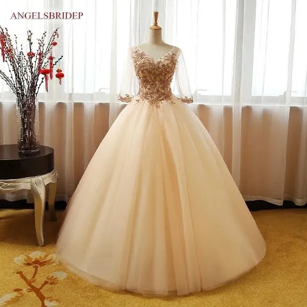 

Сексуальное бальное платье цвета шампанского, платья для Quinceanera с длинным рукавом, платья 15 Вечерние вечернее платье принцессы длиной до по...