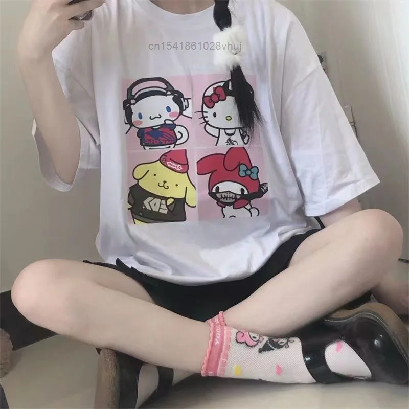 

Pure Cotton Cinnamoroll Hello Kitty Melody Pom Pom Purin Print Short Sleeve T-shirt Y2k Women's Lovely JK Top Summer New Clothes