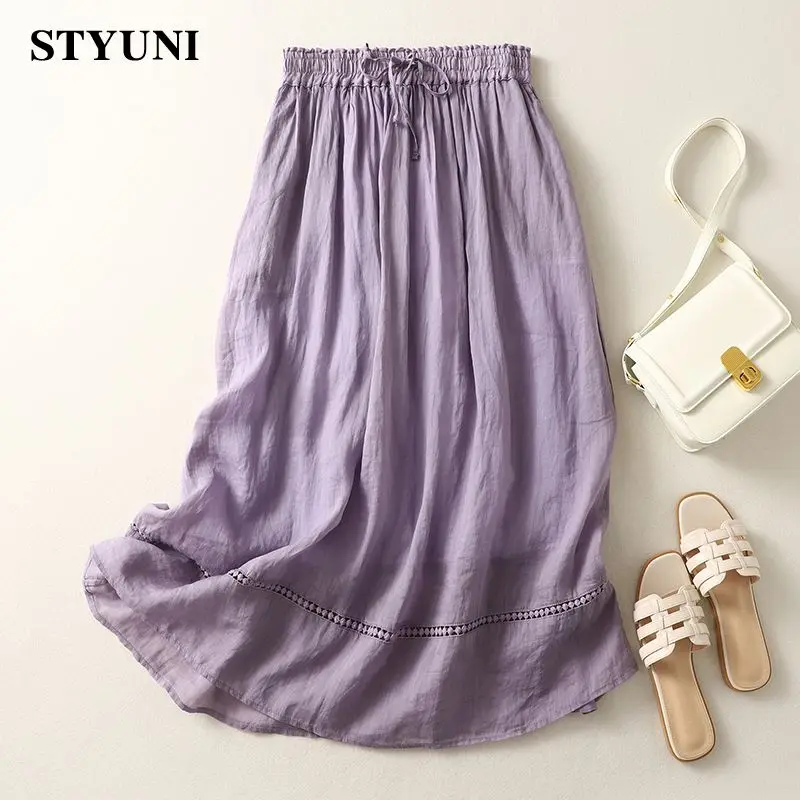 

Purple Solid Linen Casual High Elastic Waist A-line Loose Lace Women's Skirt Korean Fashion Mid-Calf Long Skirts For Women 2023