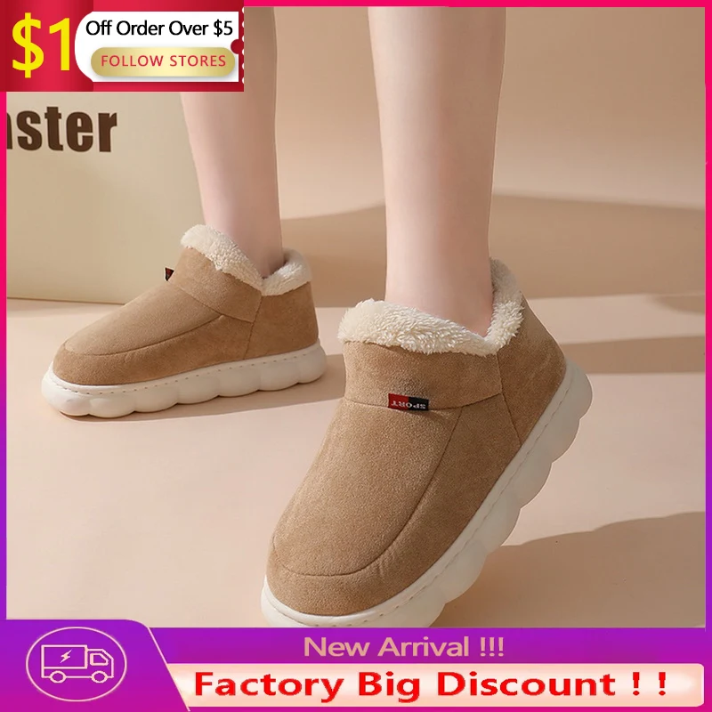 

Men Women Winter Slippers Warm Plush Slip-On Couples Home Cotton Boots Shoes Simple Anti-Slip Comfortable Flats Soft Boots