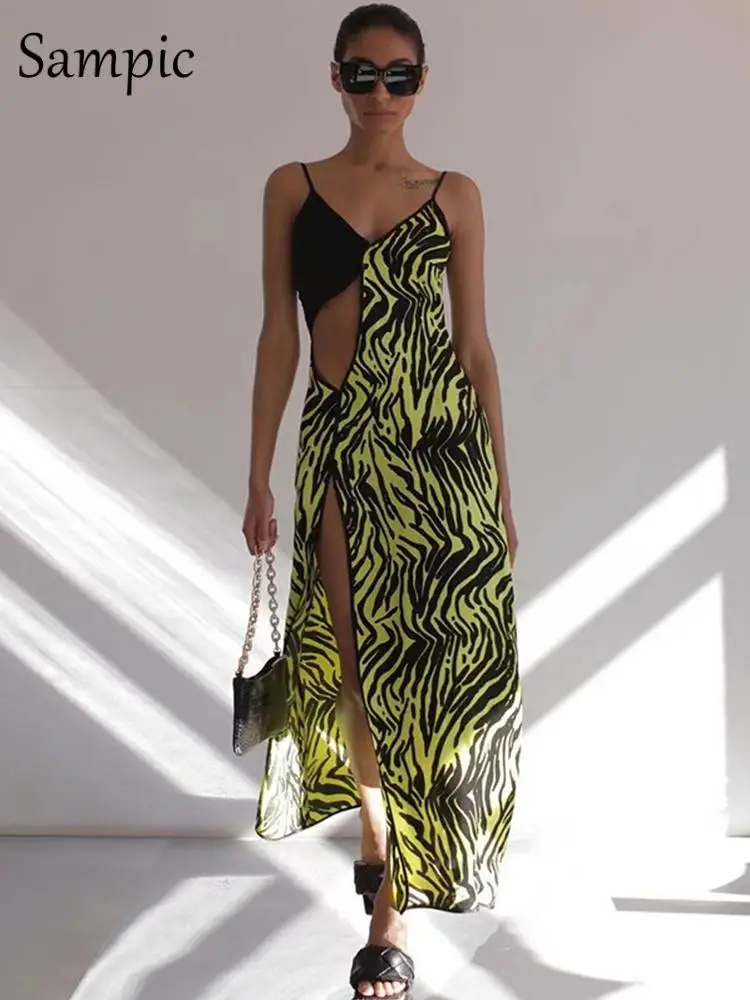 

Sampic Patchwork Hollow Out Slip Slit Dress Women Sexy V Neck Spaghetti Straps Sleeveless Bodycon Dress 2022 Y2K Summer Fashion