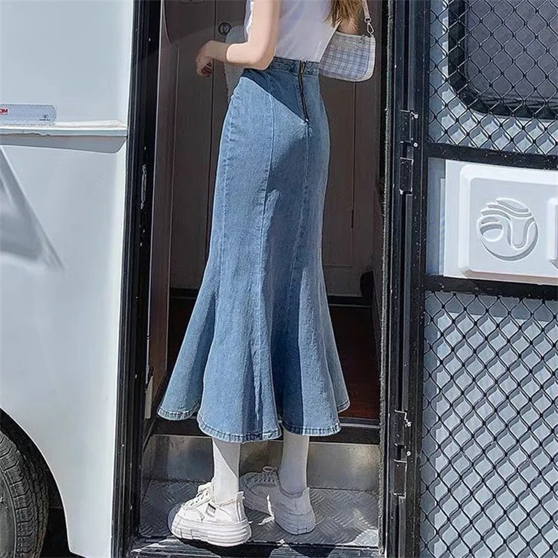 Юбка-годе женская джинсовая средней длины с разрезом винтажная Повседневная