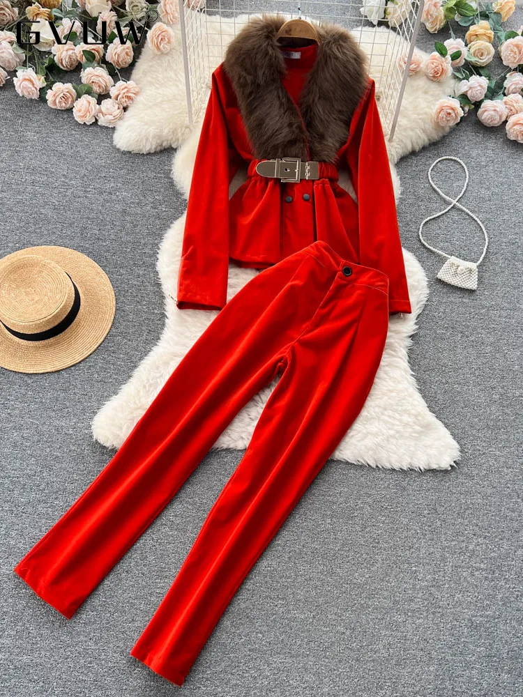 

Новинка весны 2023, комплект из двух предметов GVUW в Корейском стиле для женщин, меховой воротник, ремень, пальто, пуговицы, талия, повседневные ...