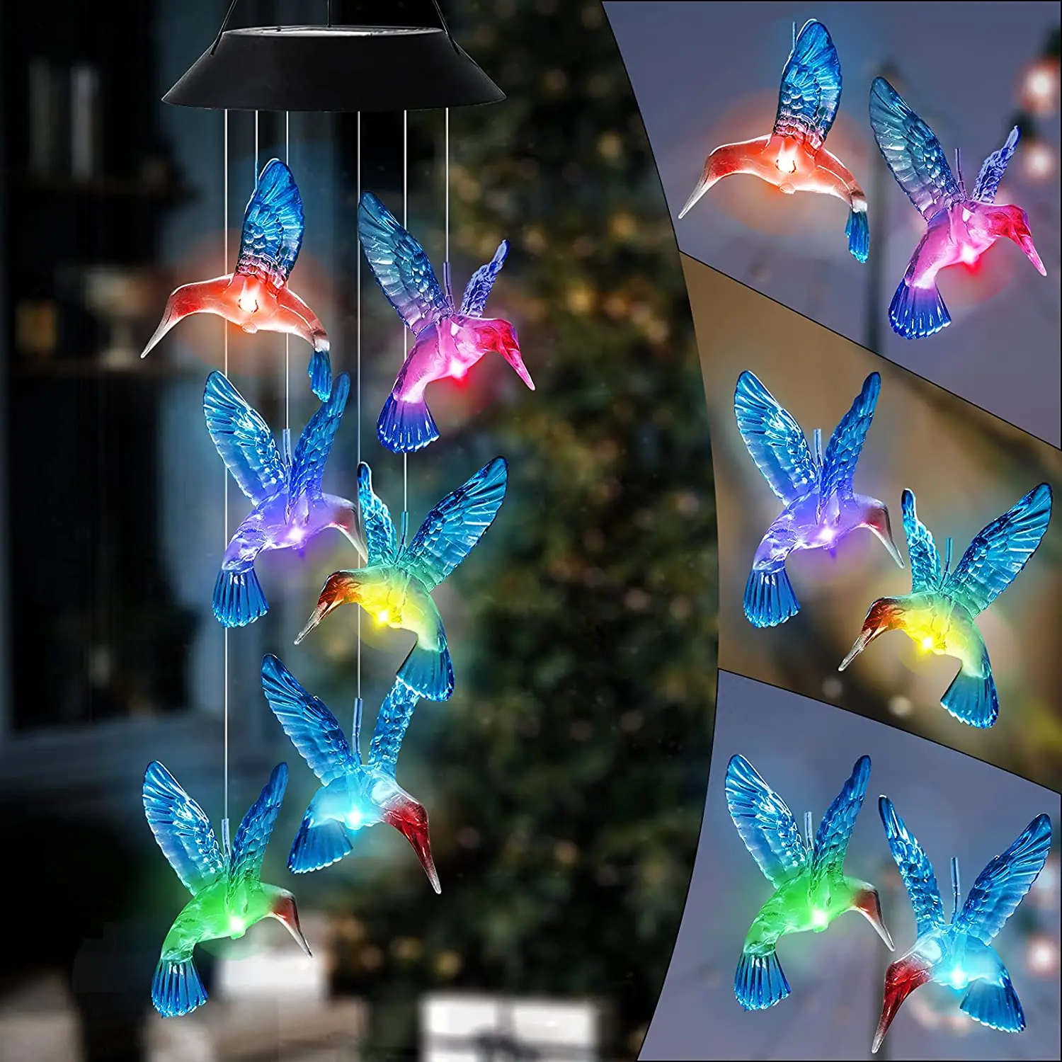 

Crystal Hummingbird Butterfly LED Color Solar Wind Chime Waterproof Outdoor Wind Chime Garden Solar Light
