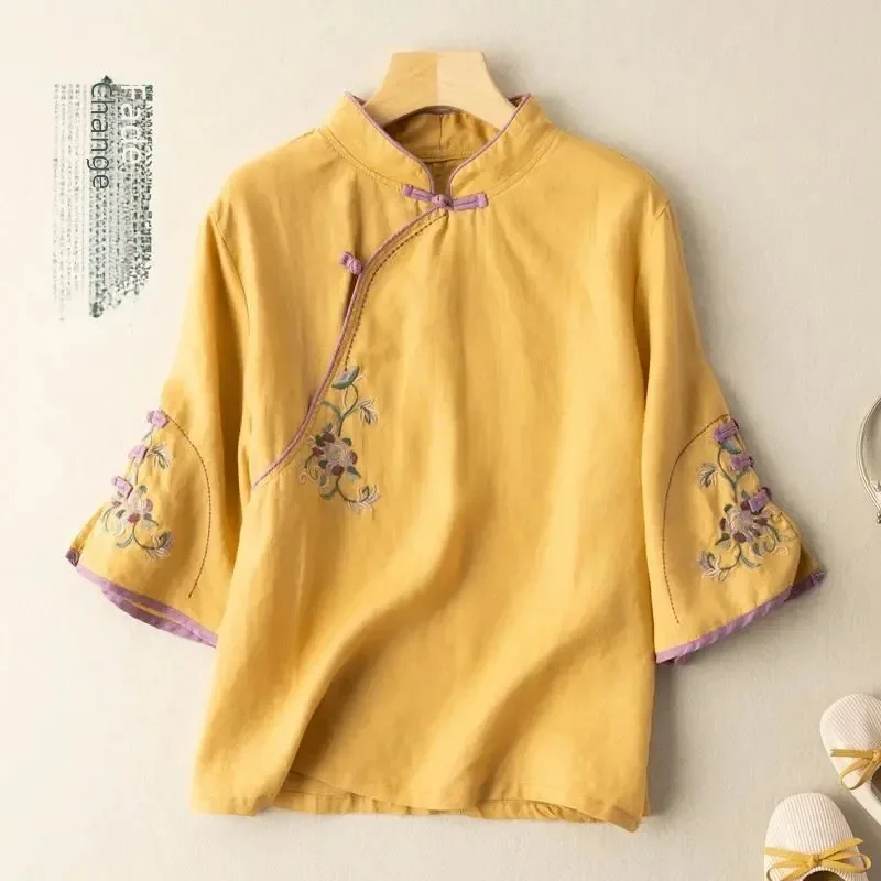 Рубашка из хлопка и льна в стиле ретро с диагональными полосками на пуговицах