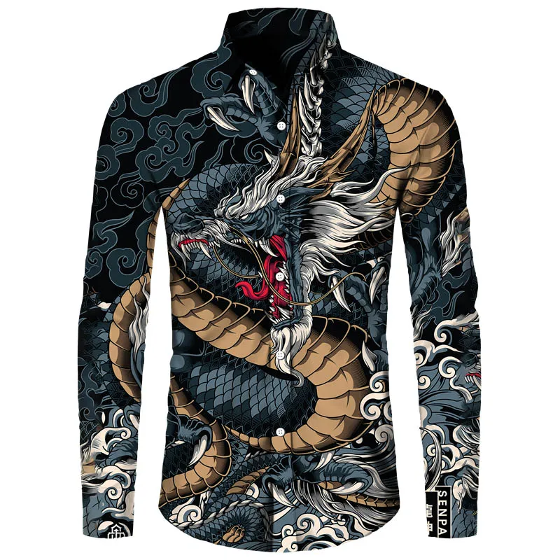 

Hop Clothing Vintage Tattoo Shirt Buttoned Collar Dragon Shirts Short/Long Hipster Men Sleeve Print 3D Casual Tops Turn-down Hip