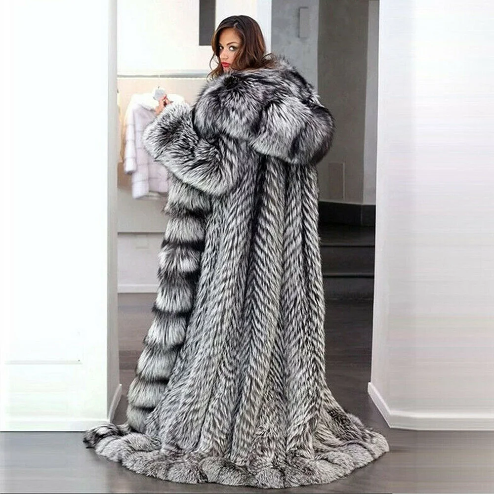 

winter amazing 2023 fur coats top thick warm longer silver fox fur coat with bigger hood stunning quality