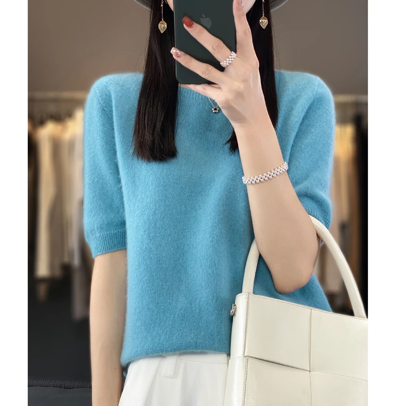 Трикотажная однотонная женская футболка из 100% мериносовой шерсти с короткими