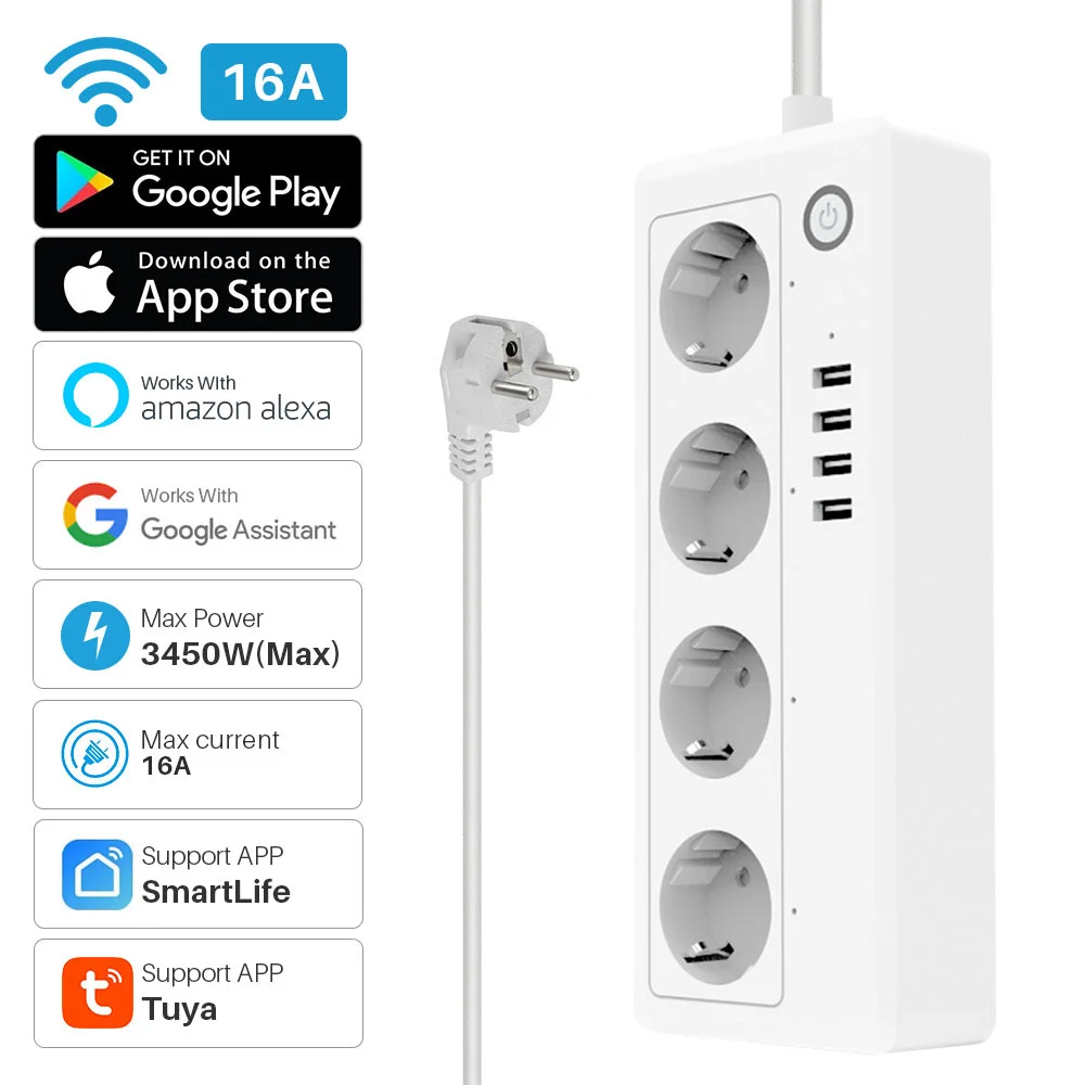 

Strip Tuya Power Wifi Smart Plug 4 EU Socket Outlets With USB Port Timing Voice Control Works Alexa Google Assistant
