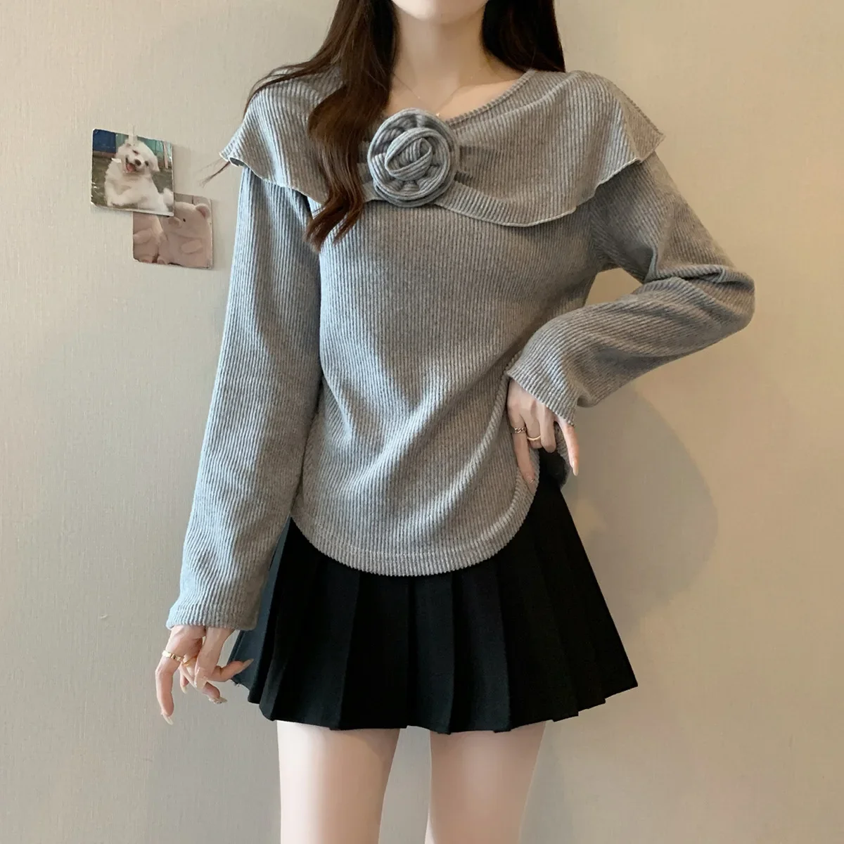 2024 Autumn High-End Feel Ancolar Red 3D Flower Knitted Top Slims You And Smooths Your Silhouette Inner 63753