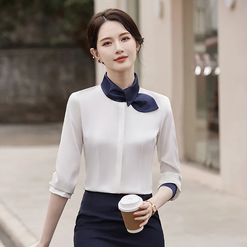 Блузка Женская Офисная с длинным рукавом Элегантная Модная стильная рубашка для