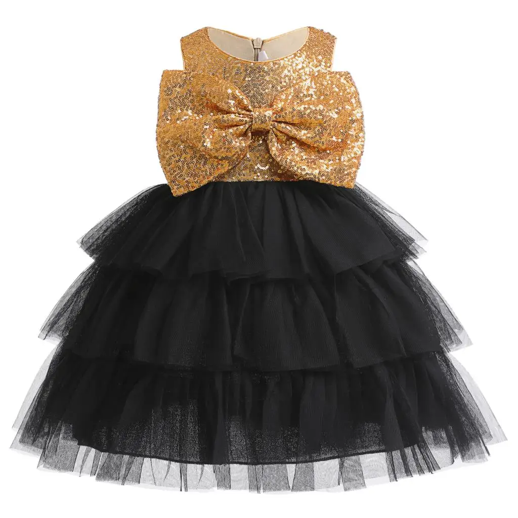 

Beadings Girls Mesh Dress 2023 Summer New Female Baby Birthday Party Dresses Golden Color Bow Lace Princess Dress 2-10T