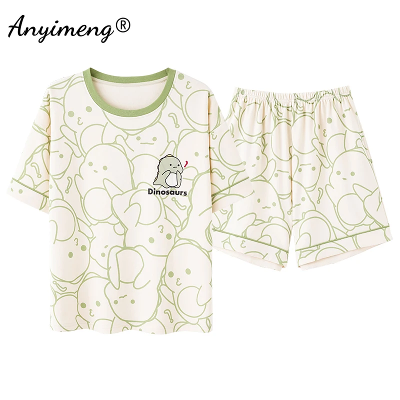 

Cute Dinosaur Summer Chothes for Women Fashion Cotton Shorts Pajamas Set for Woman Casual Round Neck Lounge Sleepwear for Girls