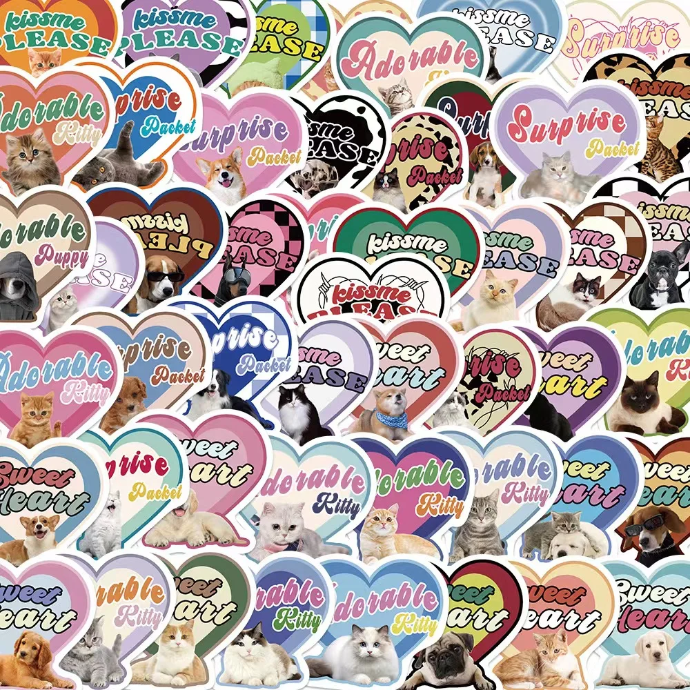 

49pcs Adorable Colorful Kitten and Puppy Heart Shape Sticker, Waterproof Vinyl Cute Cat Dog Animals Stickers for Water Bottles