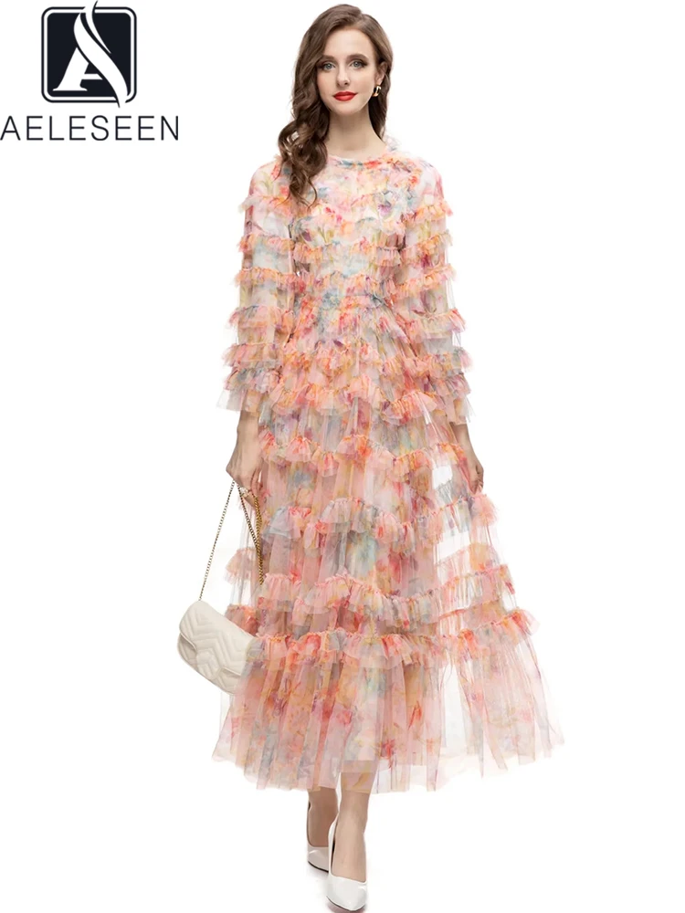 

AELESEEN Designer Fashion Maxi Party Dress Women Spring Autumn Flower Print Ruffles 3D Edible Tree Fungus Gauze Vintage Prom