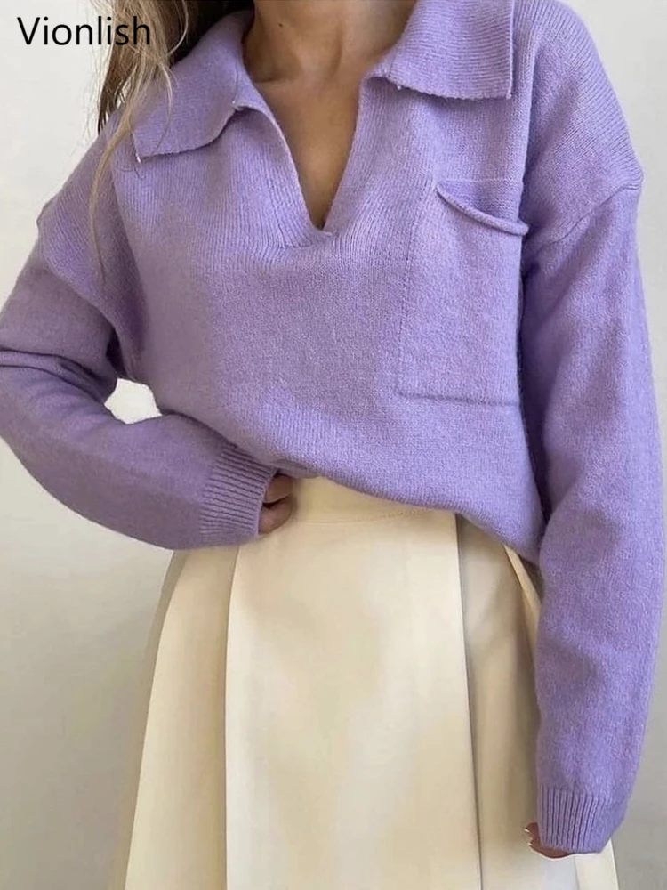 

Женский трикотажный пуловер Vionlish, свободный Однотонный свитер с отложным воротником и карманами, с длинным рукавом, Осень-зима 2022