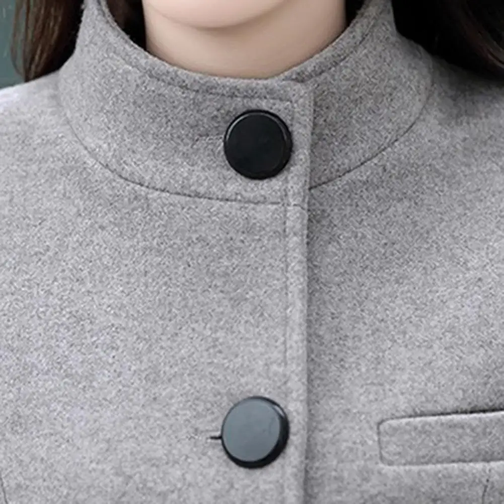 Женское однотонное осенне-зимнее пальто со стоячим воротником