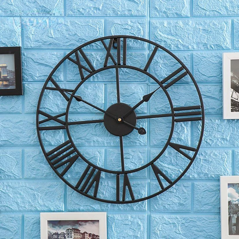 

40/50cm Vintage Large Metal Roman Numeral Mute Wall Clock Quartz Watch Wrought Hollow Iron Modern Round Home Garden Decoration