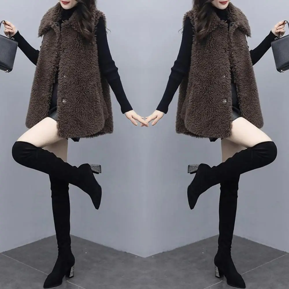 

Fashion Shaggy lamb Vest Women Comfy Loose Sleeveless Fur Jacket Coat Solid Long Femme Vests Korean Elegant Jacket Red Black
