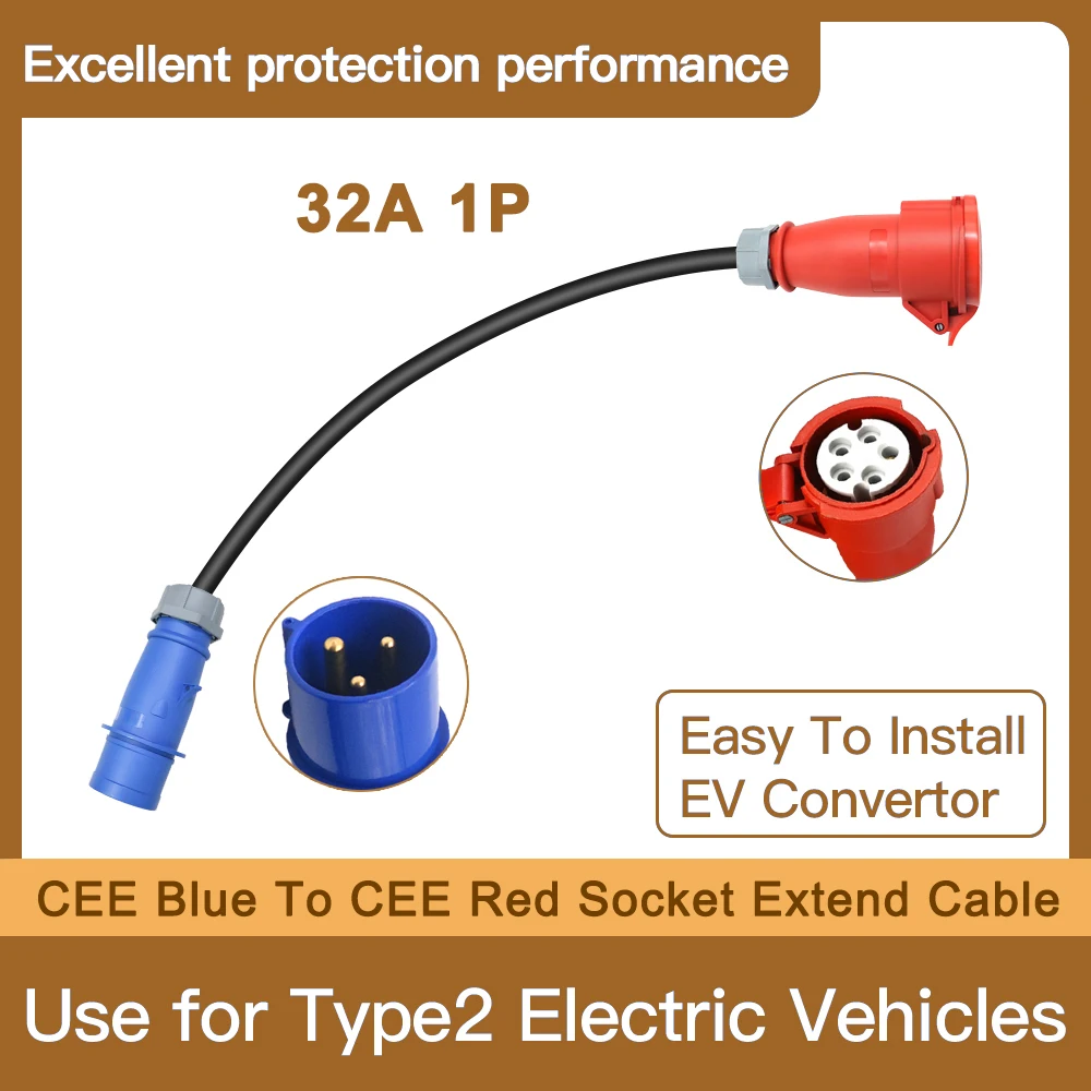 EV Convertor 32A 1P CEE Blue Plug to CEE Red Socket 32A 3P Extend Cable Use for 22kw EV Charger Electric Vehicles