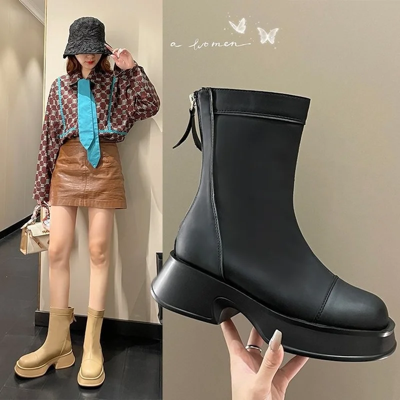Women Ankle Boots Fashion Thick Heels Spring Winter Casual Outdoor Side Zipper Shoes Woman Leisure Stretch Boots 2022