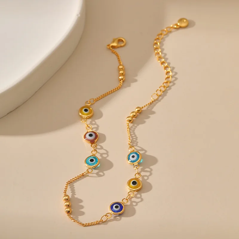 

Fashion Color Oil Drop Process Round Eyes Pendant 18k Gold Plated Link Chain Anklet for Women Trend Beach Jewelry Accessories