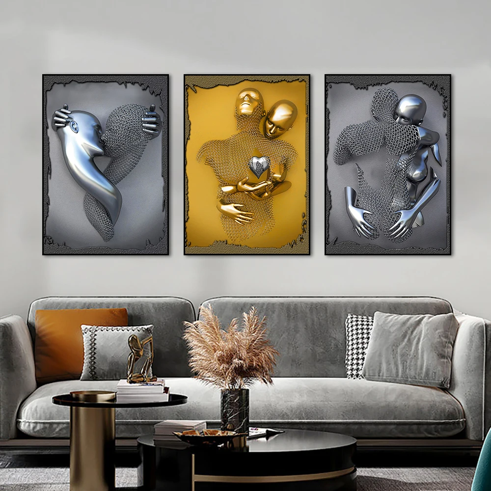 Настенные постеры с 3d-изображением золотых и черных фигур картины абстрактные
